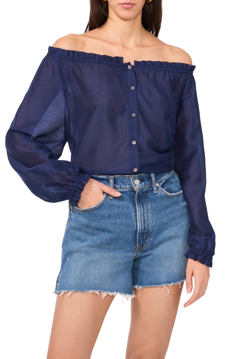 Two by Vince Camuto Off the Shoulder Long Sleeve Button-Up Top, Alternate, color, Classic Navy