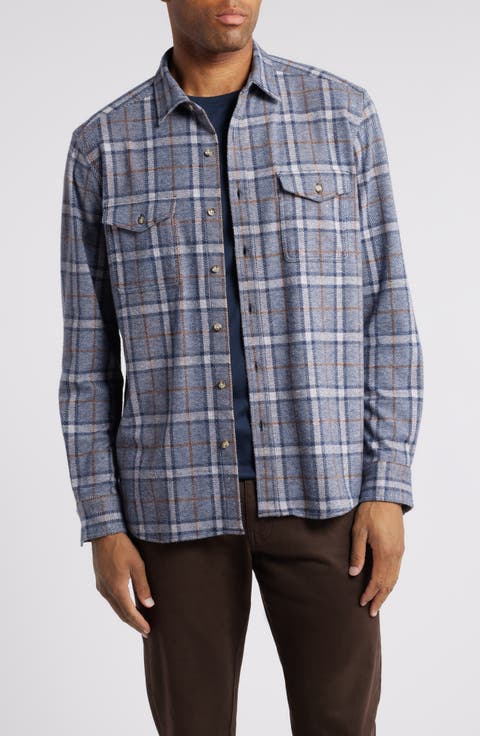 Windowpane Brushed Cotton Blend Button-Up Shirt