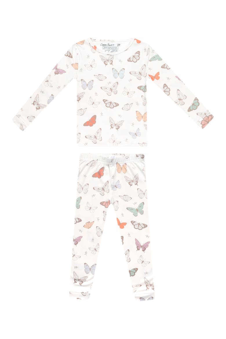 Luna Butterfly Print Fitted Two-Piece Pajamas, Main, color, LIGHT BEIGE