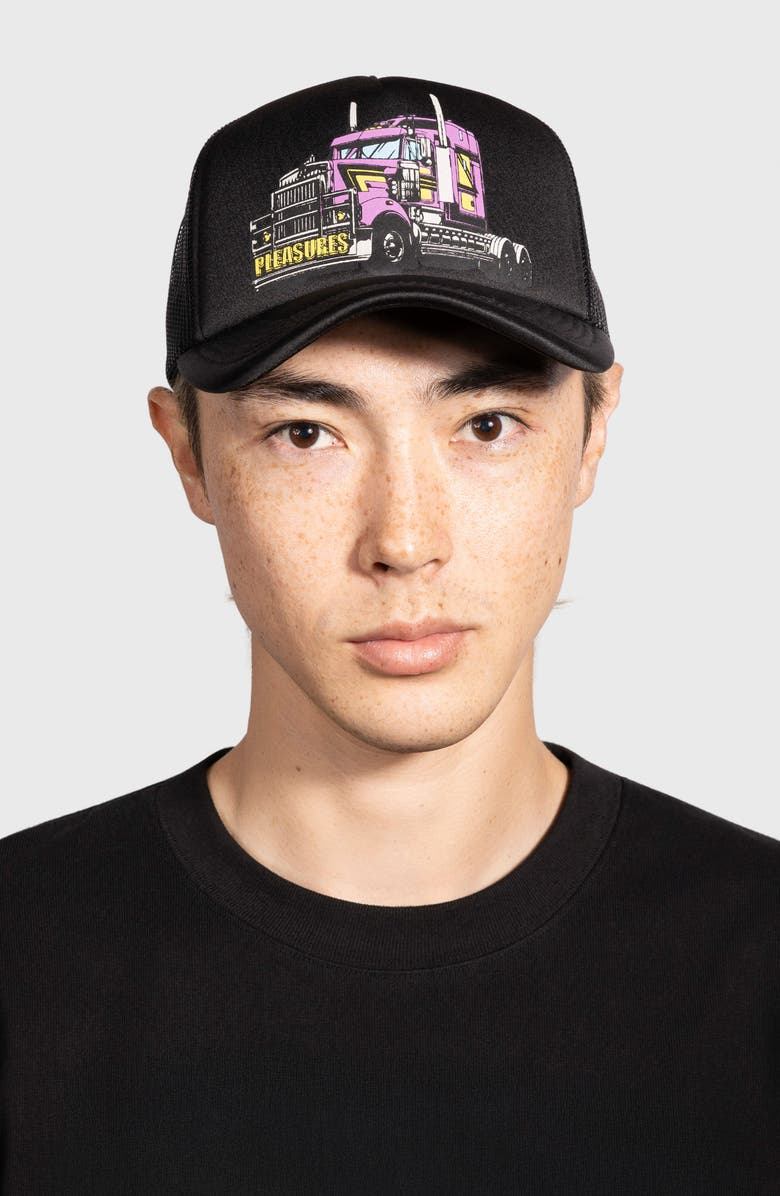 PLEASURES Semi Trucker Hat, Alternate, color, Black