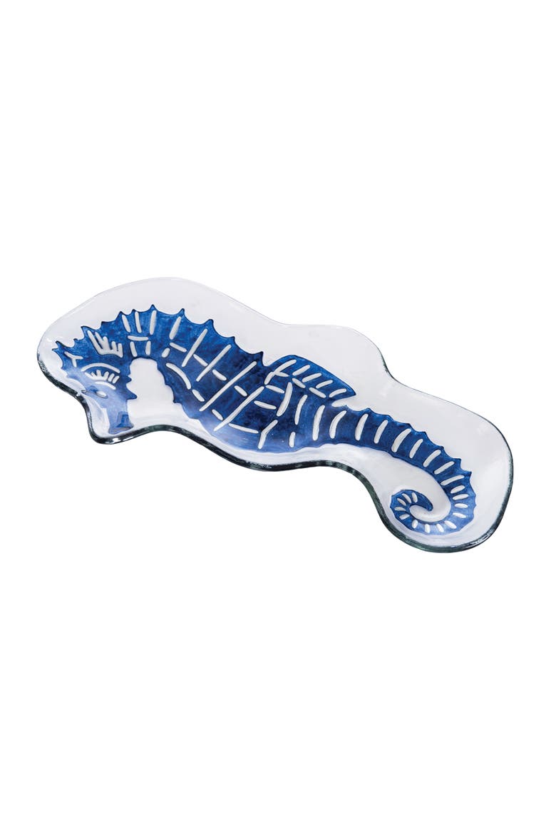 Seahorse Slump Glass Coastal Novelty Decorative Shaped Dish Plate 7.05" x 15", Main, color, Blue