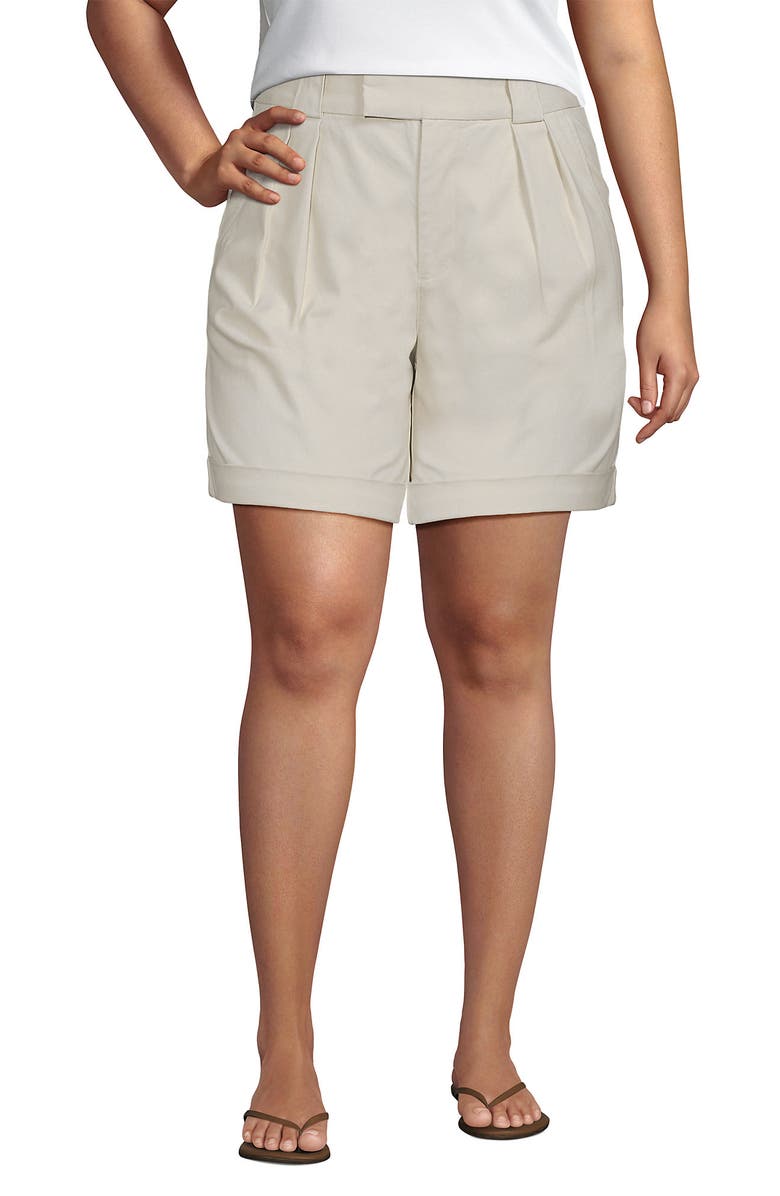 Lands' End Chino High Rise Pleated 7" Shorts, Main, color, Light Stone