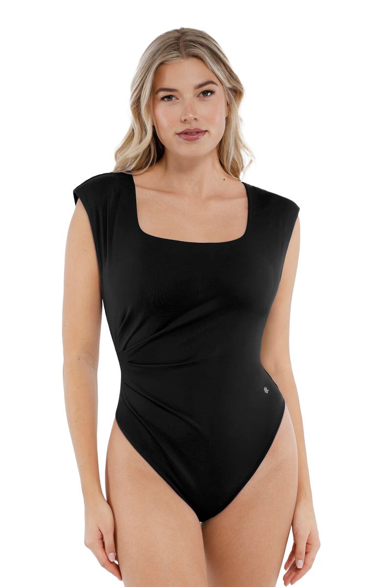 Popilush Shapewear Square Neck Padded Shoulder Slimming Bodysuit, Main, color, Midnight Black
