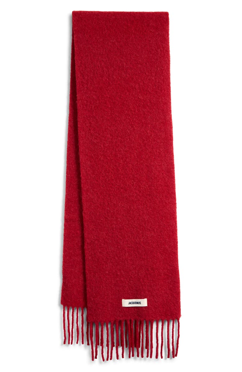 Jacquemus L'écharpe Carro Mohair, Alpaca & Wool Blend Fringe Scarf, Alternate, color, Dark Red 480