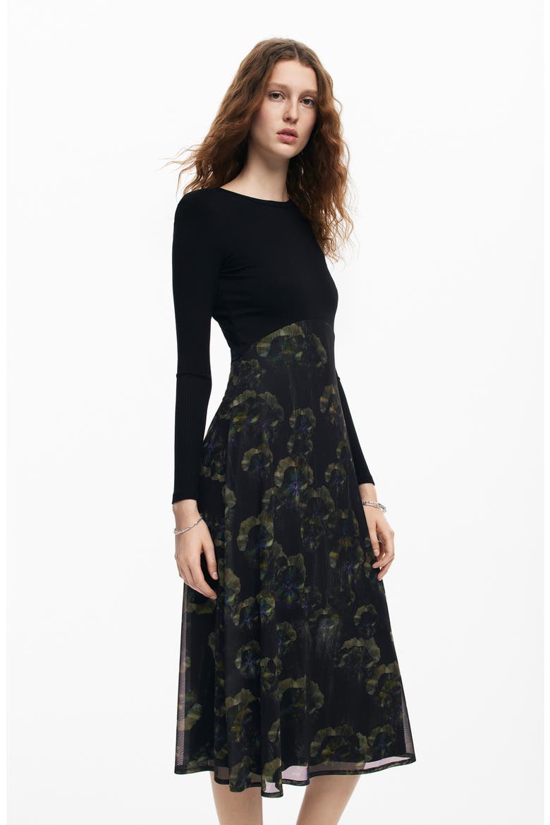 Pensee Mixed Media Long Sleeve Dress, Alternate, color, BLACK