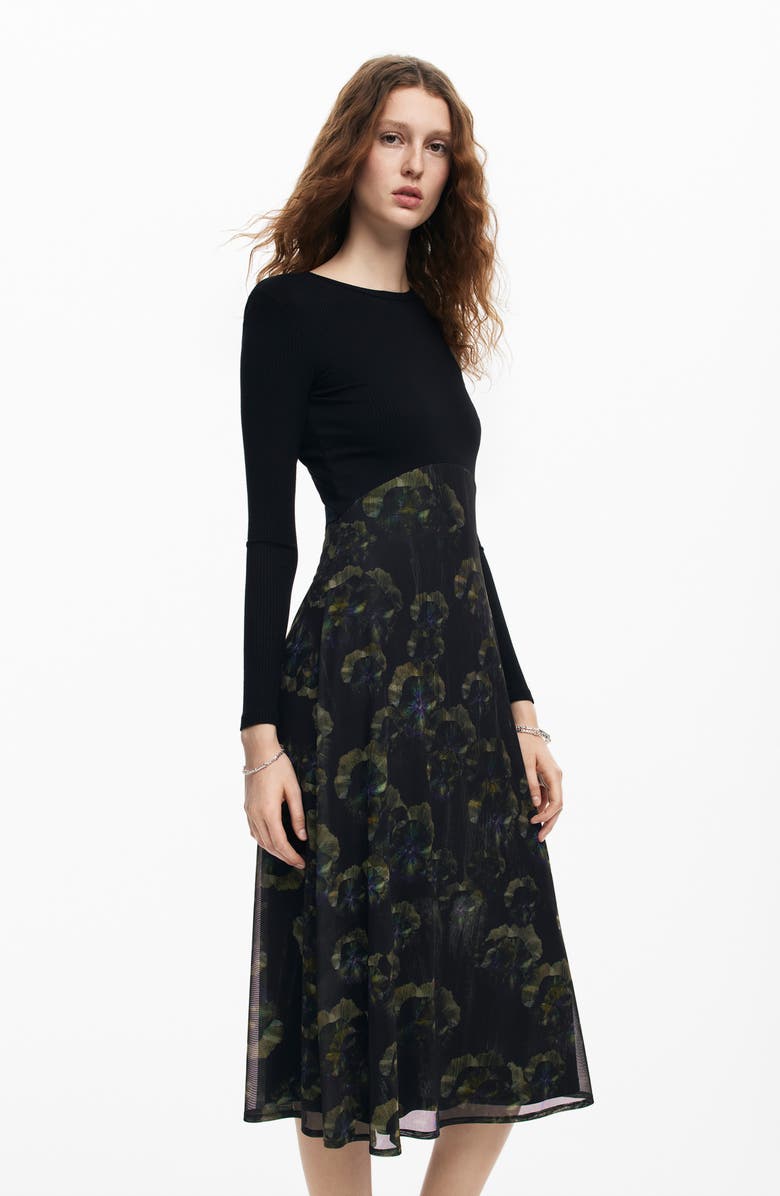 Desigual Pensee Mixed Media Long Sleeve Dress, Alternate, color, 