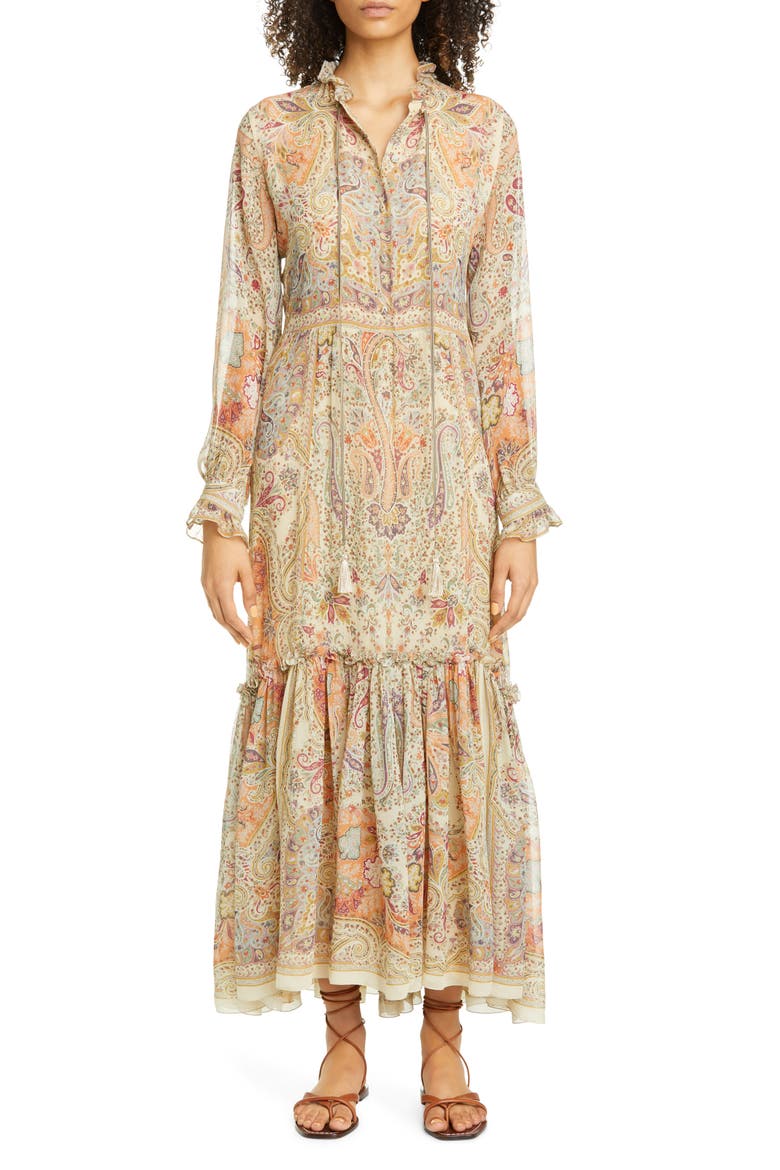 Paisley Long Sleeve Silk Maxi Dress, Main, color, 990 WHITE