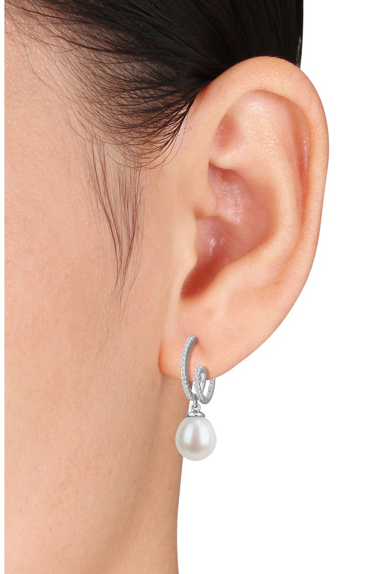 Created White Sapphire & Imitation Pearl J-Hoop Earrings, Alternate, color, WHITE GOLD