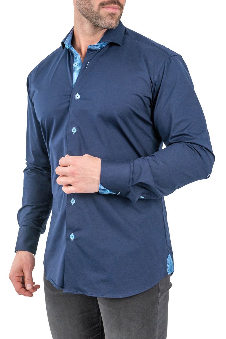Einstein Solid Stretch Cotton Button-Up Shirt, Alternate, color, BLUE