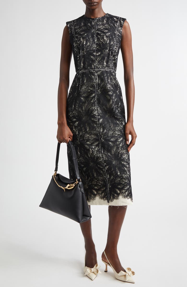 Erdem Metallic Thread Lace Pencil Midi Dress, Main, color, Black