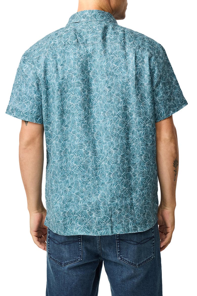 Whitlaker Leaf Print Short Sleeve Linen Button-Up Shirt, Alternate, color, BLUESTONE