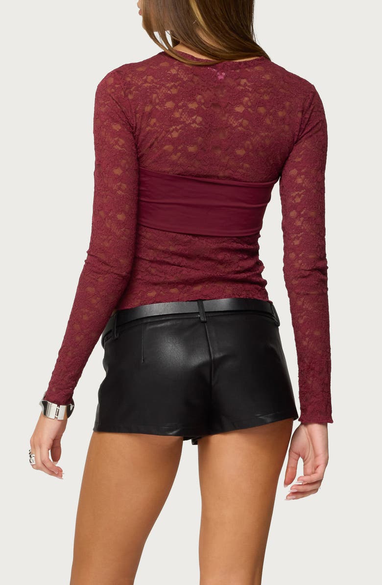 EDIKTED Rosette Bandeau Long Sleeve Lace Top, Alternate, color, Burgundy