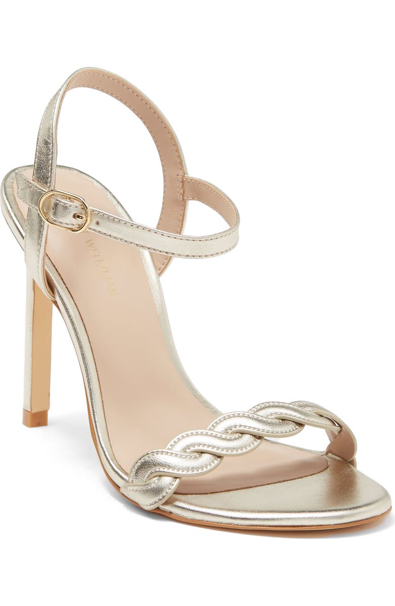 Stuart Weitzman Twistie Stiletto 100 Sandal, Main, color, Platino