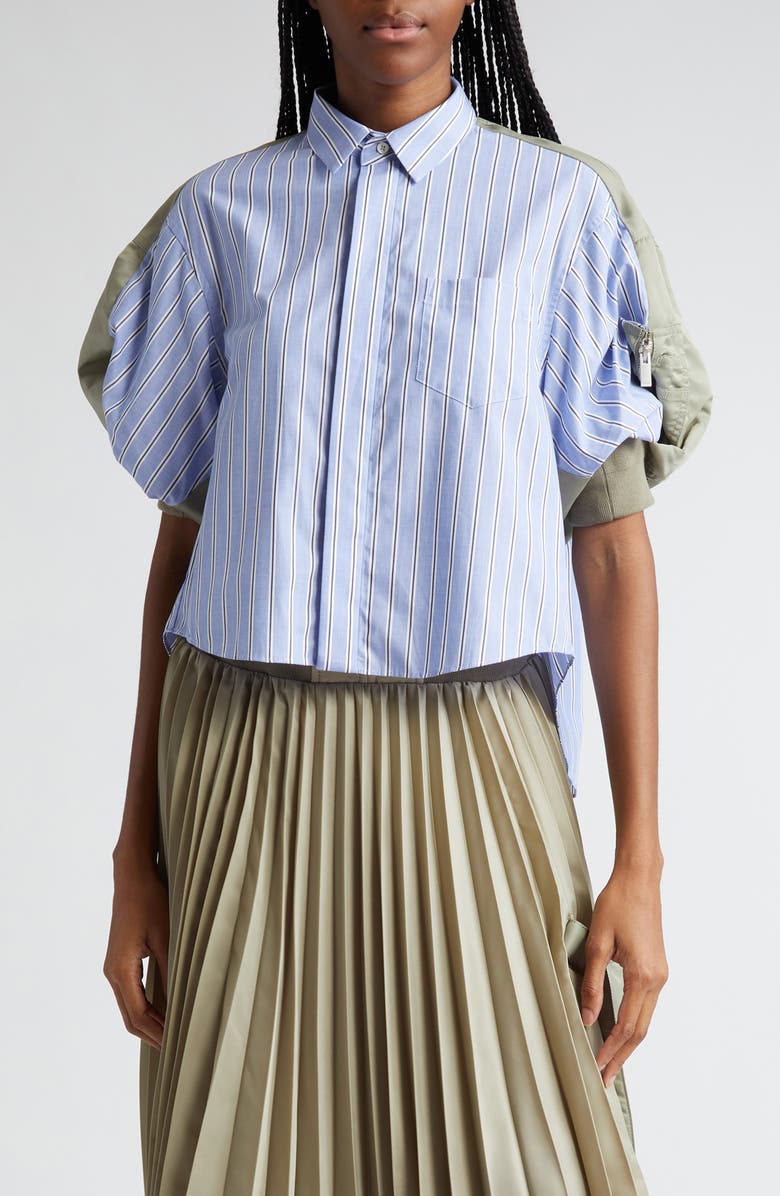 Sacai Mixed Media Stripe Puff Sleeve Cotton Poplin & Nylon Shirt, Main, color,