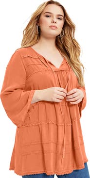 June + Vie Acid Wash Peasant Blouse