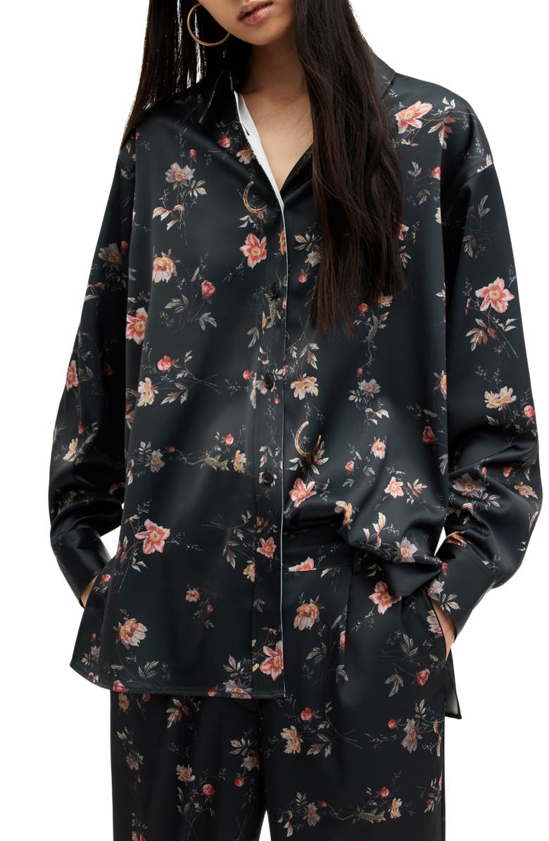 AllSaints Louisa Tanana Floral Print Satin Button-Up Shirt, Main, color,