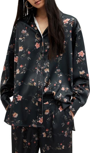 Louisa Tanana Floral Print Satin Button-Up Shirt