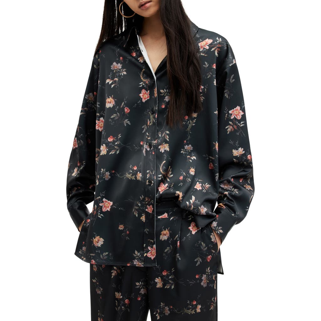 Allsaints Louisa Tanana Floral Print Satin Button-up Shirt In Black