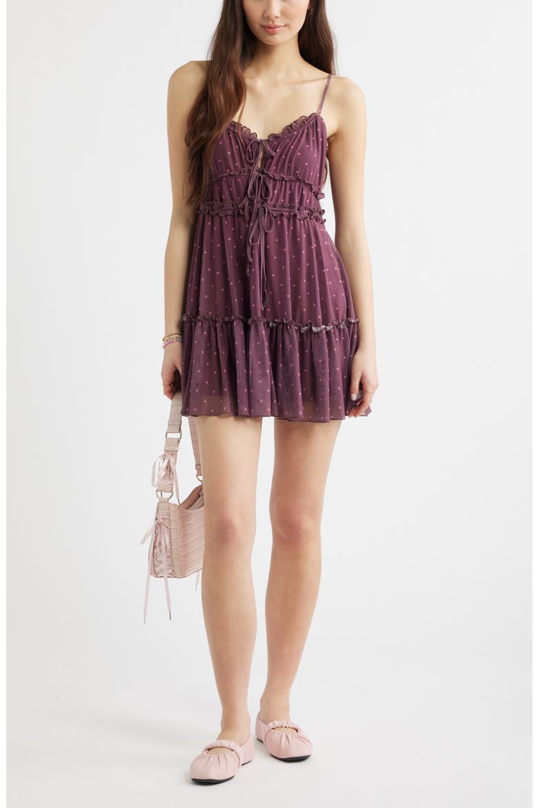 Ruffle Tie Front Tiered Mini Sundress, Alternate, color, BURGUNDY- PINK KAT DOT