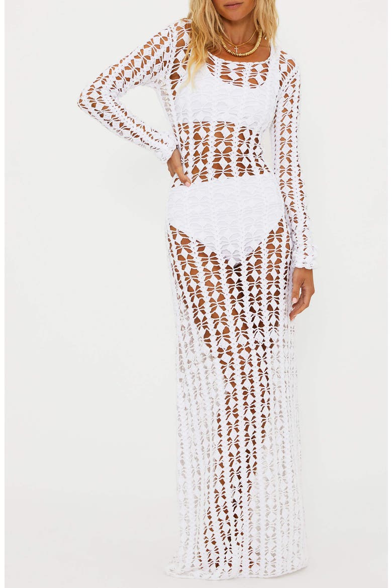 Ariana Long Sleeve Cotton Crochet Cover-Up Dress, Main, color, WHITE