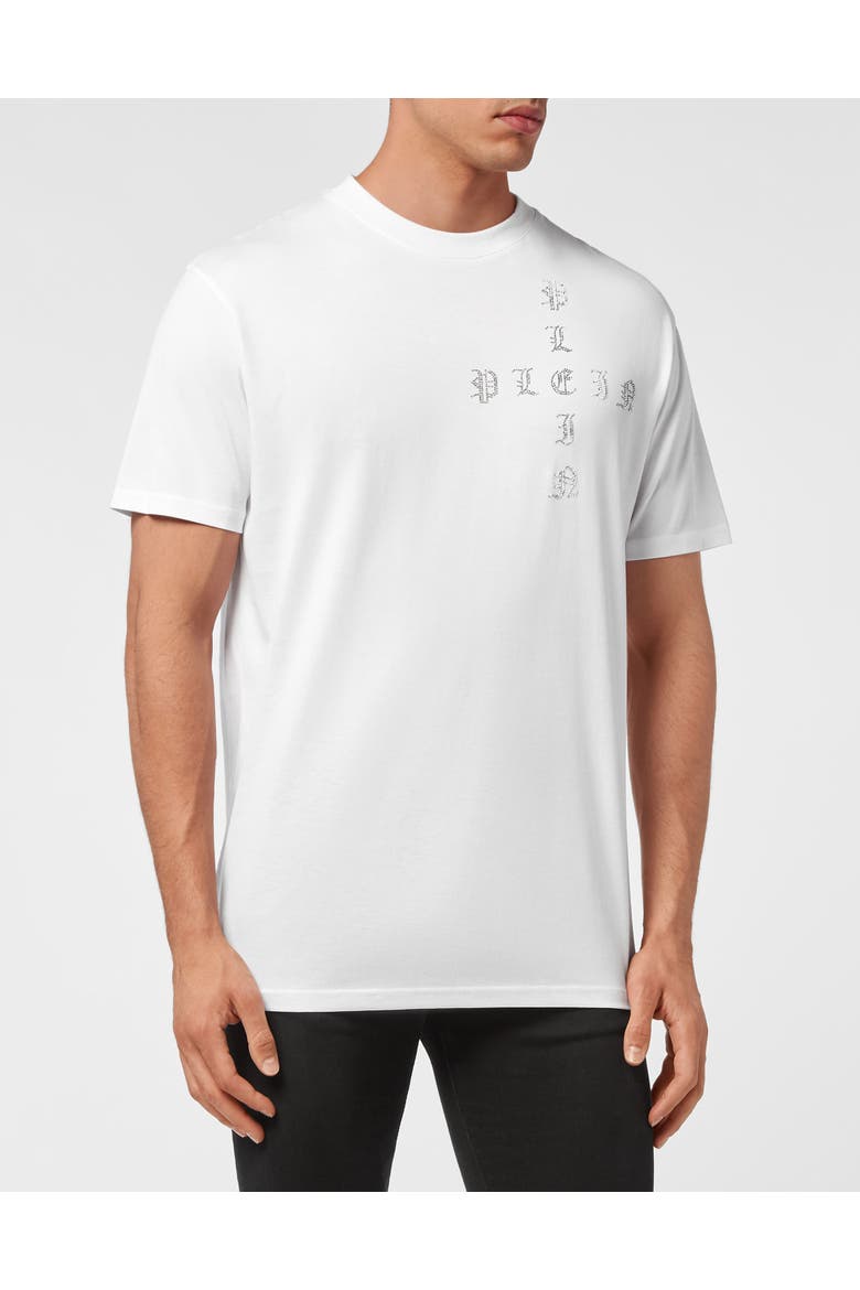 T-Shirt Round Neck Ss Gothic Plein With Crystals Men, Main, color, white/crystal