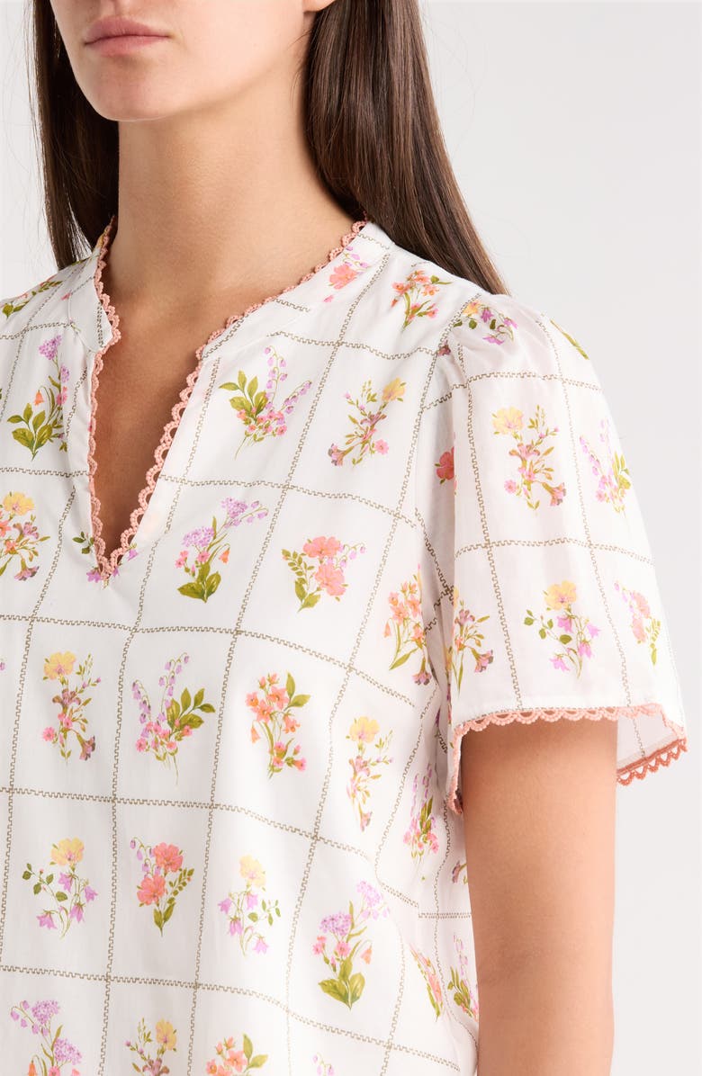 SUGARLIPS Diane Hilda Floral Split Neck Cotton Top, Alternate, color, Coral Multi