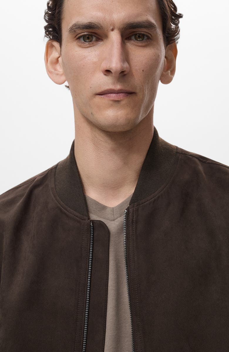 MANGO Faux Suede Bomber Jacket, Alternate, color, Chocolate