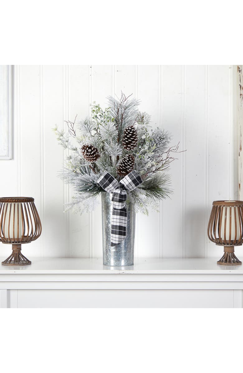 NEARLY NATURAL 28" Holiday Flocked Artificial Greenery & Pine Cone Arrangement, Alternate, color, 