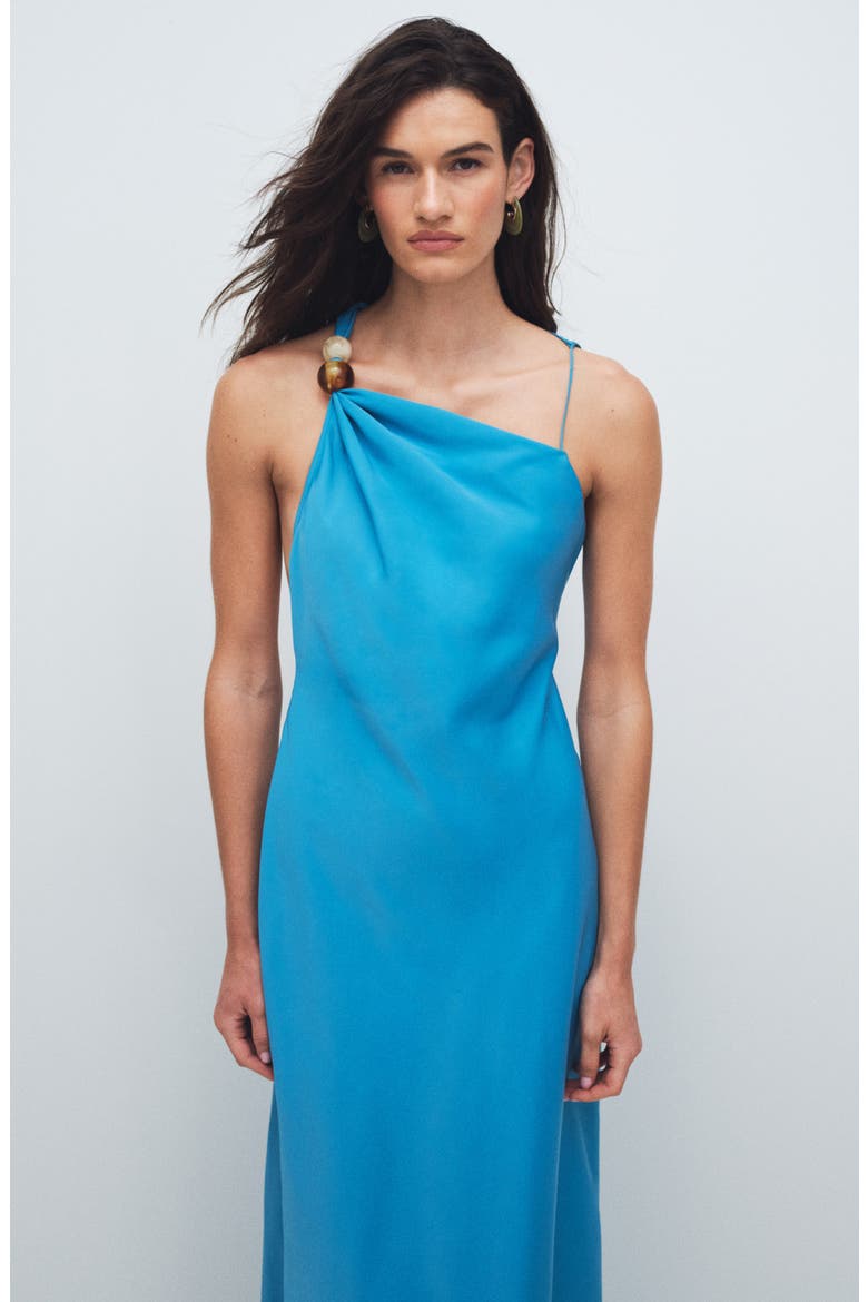 Asymmetrical Beaded Neck Satin Maxi Dress, Alternate, color, MBLUE