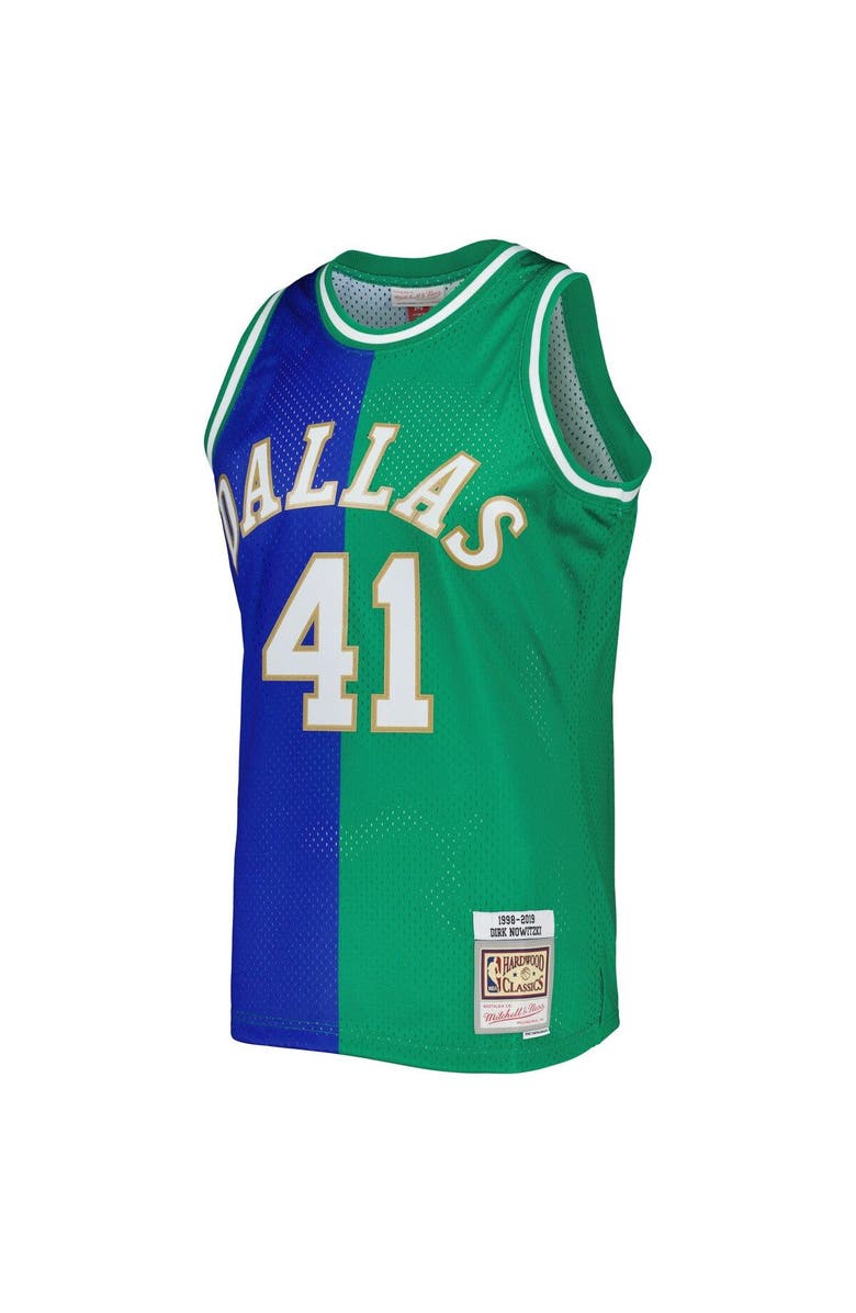 Mitchell & Ness Men's Mitchell & Ness Dirk Nowitzki Blue/Green Dallas Mavericks Hardwood Classics 1998/2019 Split Swingman Jersey, Alternate, color, 