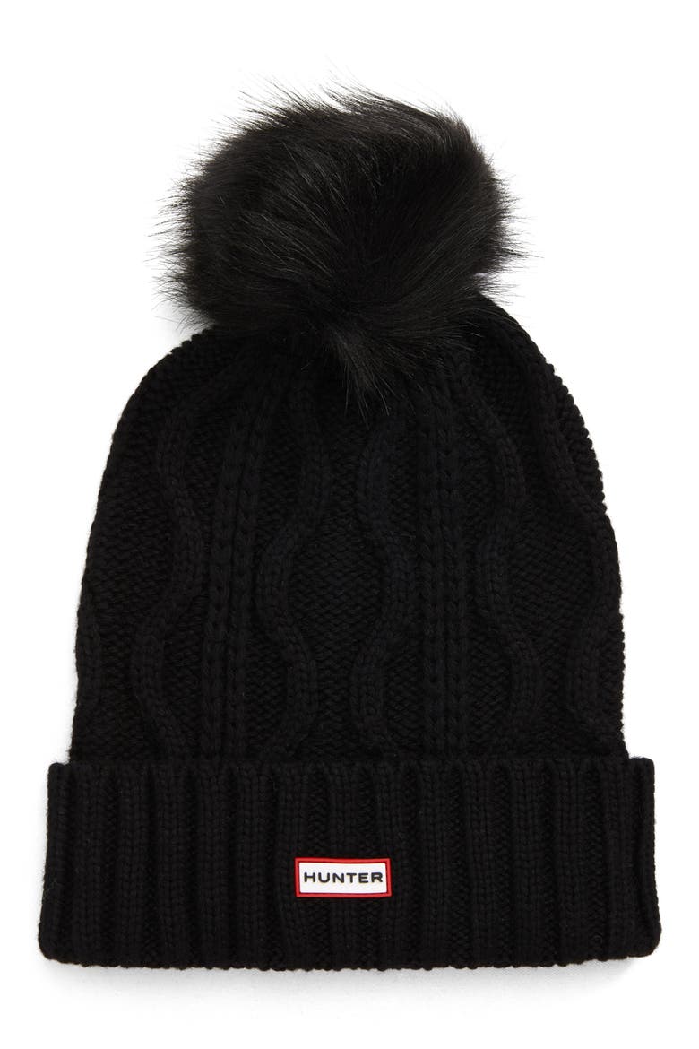 Cable Stitch Beanie with Faux Fur Pom, Main, color, BLACK