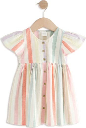 Kids' Rainbow Stripe Flutter Sleeve Cotton & Linen Dress