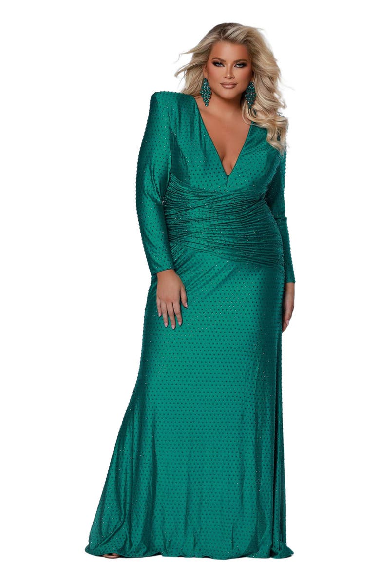 Johnathan Kayne for Sydney's Closet Ruched Long Sleeve V-Neck Plus Size Evening Gown, Main, color, Emerald