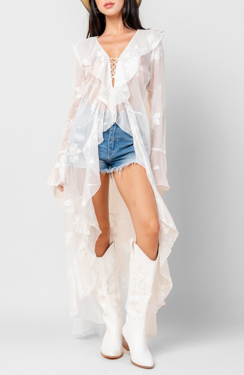 Beivy Embroidered Ruffle Chiffon Duster, Alternate, color, White