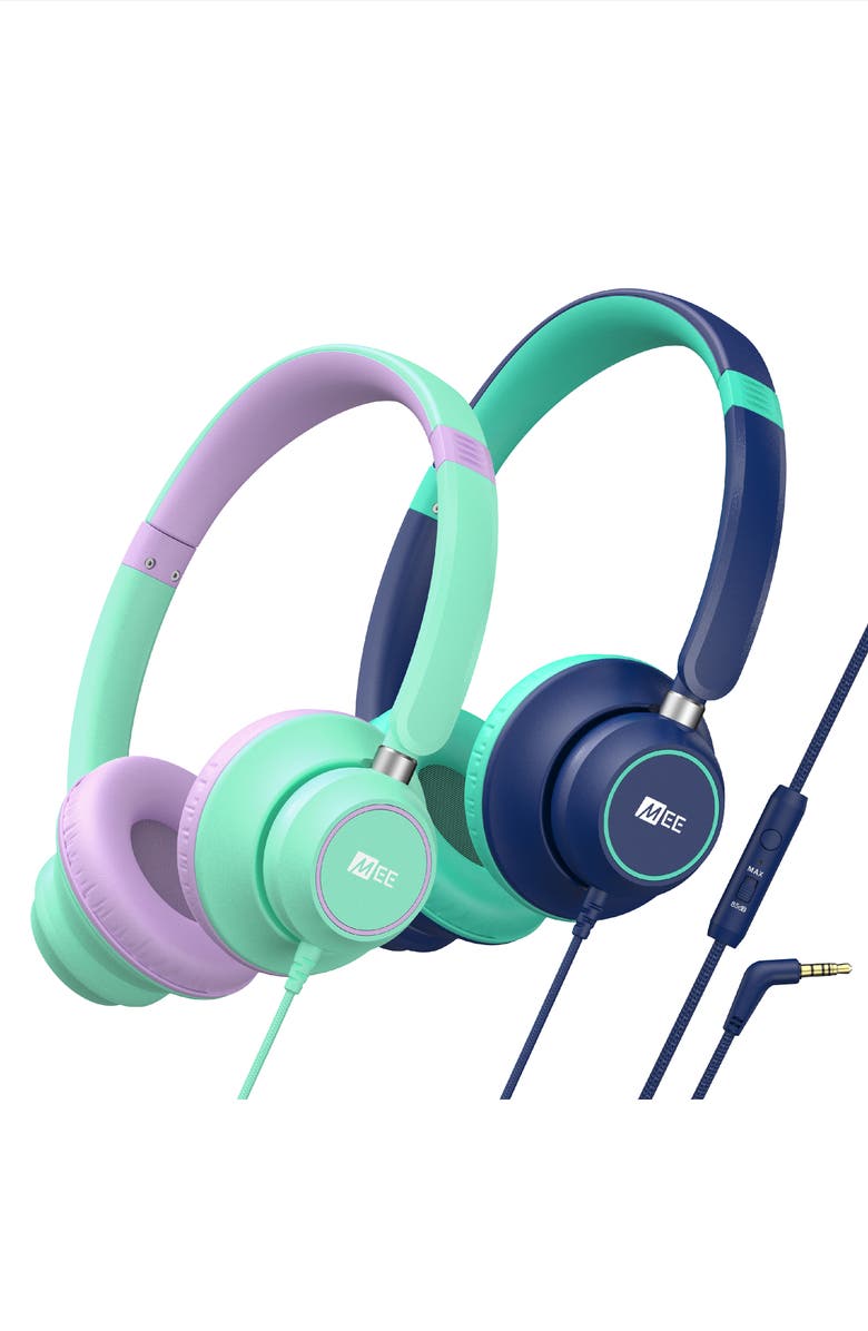 MEE audio KidJamz KJ45 (2 Pack) 3.5mm Safe Listening Headphones for Kids w/ Inline Microphone, Main, color, Blue/Mint