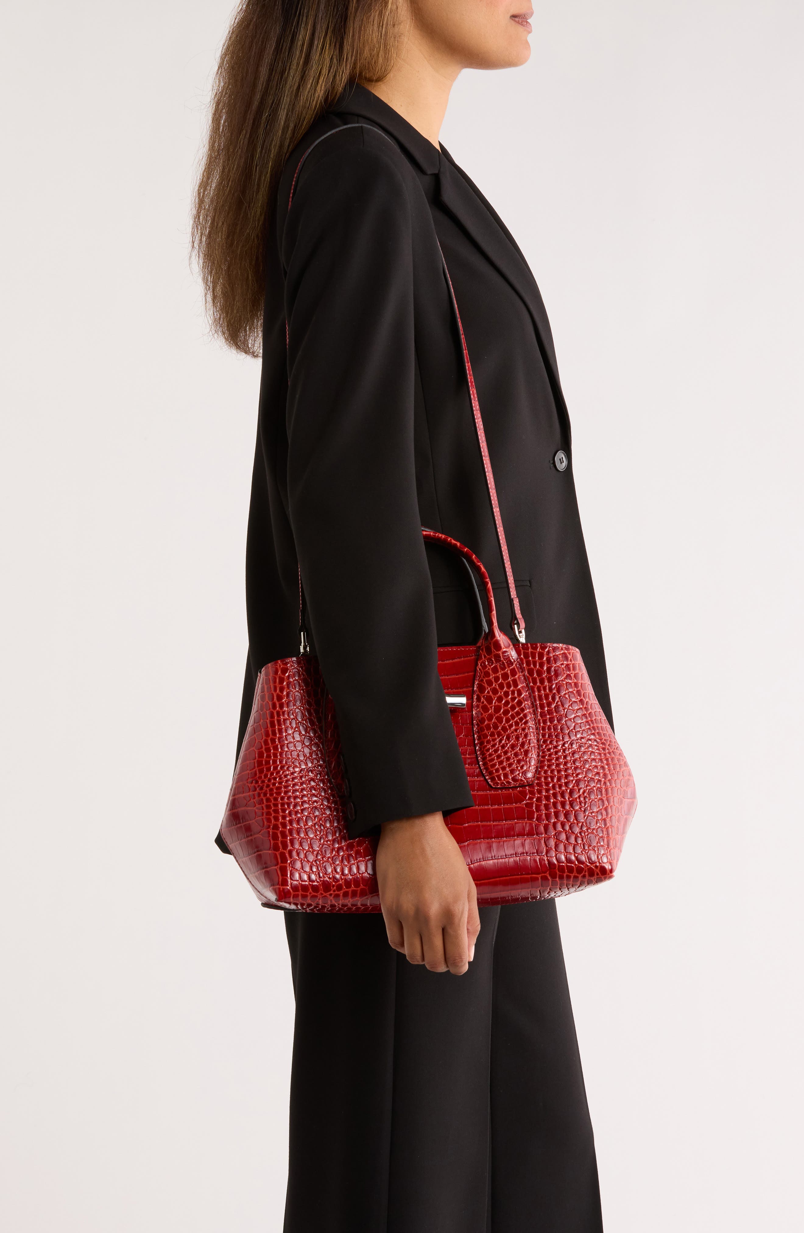 Longchamp Medium Roseau Croc Embossed Tote, Alternate, color, 