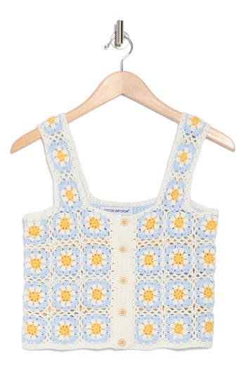 Cotton Emporium Floral Patch Crochet Button Front Tank In White