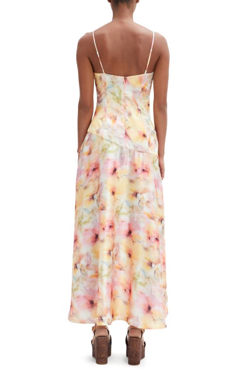Bardot Sorella Printed Satin V-neck Draped Asymmetrical Ruffle Midi Dress