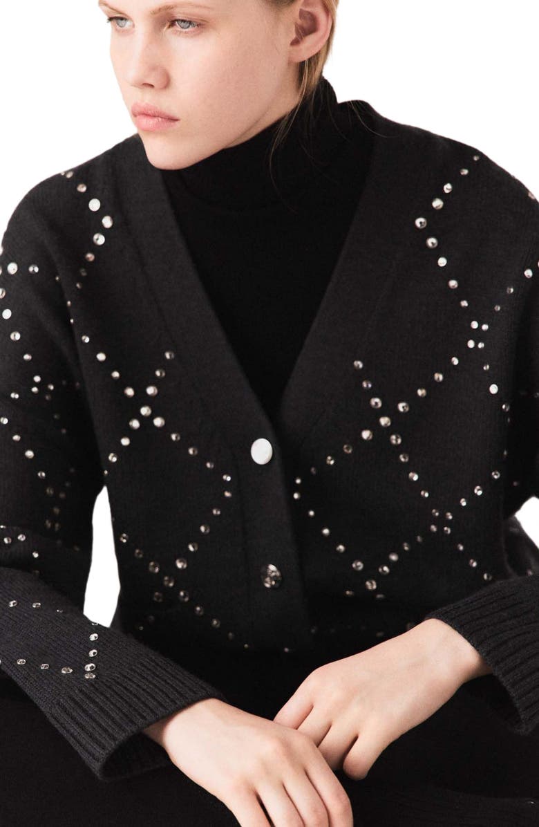 maje Rhinestone check cardigan, Alternate, color, Grey