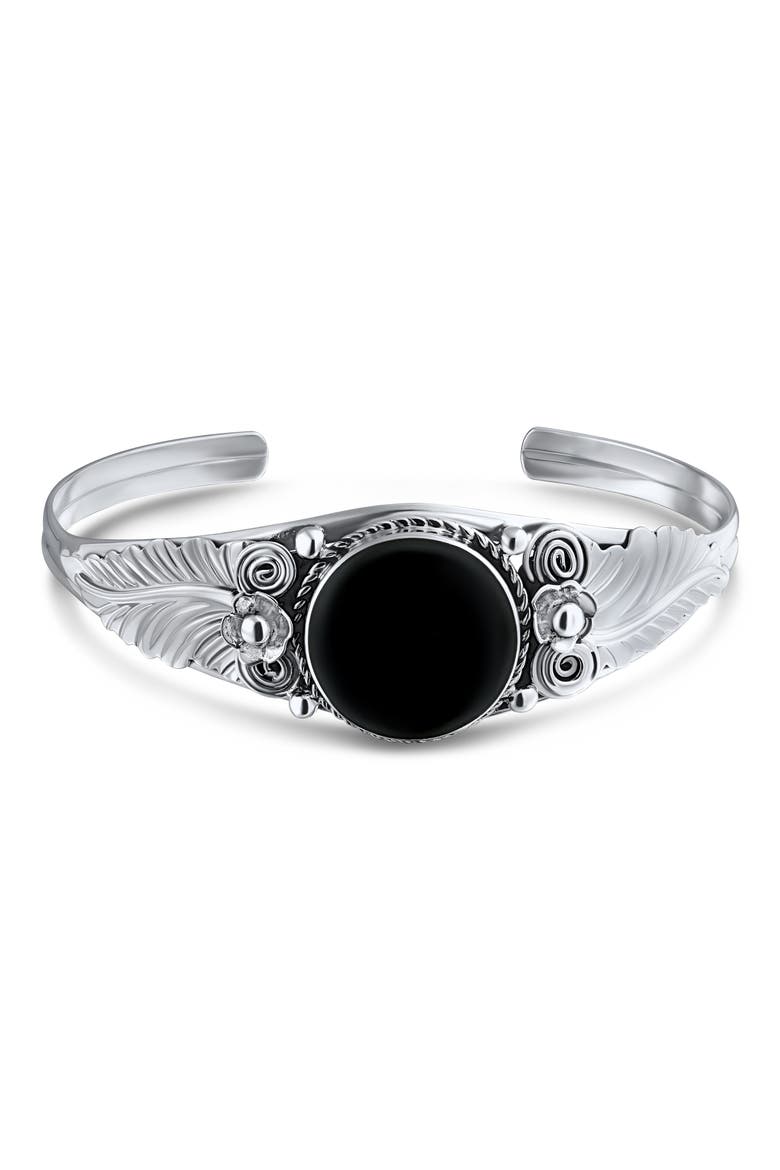 Sterling Silver Garden Blue Simulated Turquoise Cuff Bracelet, Main, color, BLACK