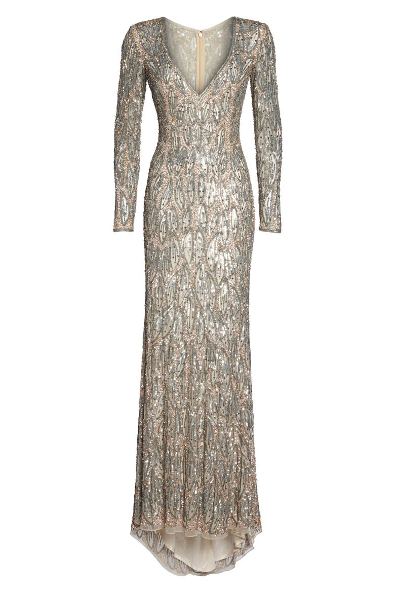 Beaded Long Sleeve Gown, Alternate, color, VINTAGE TAUPE
