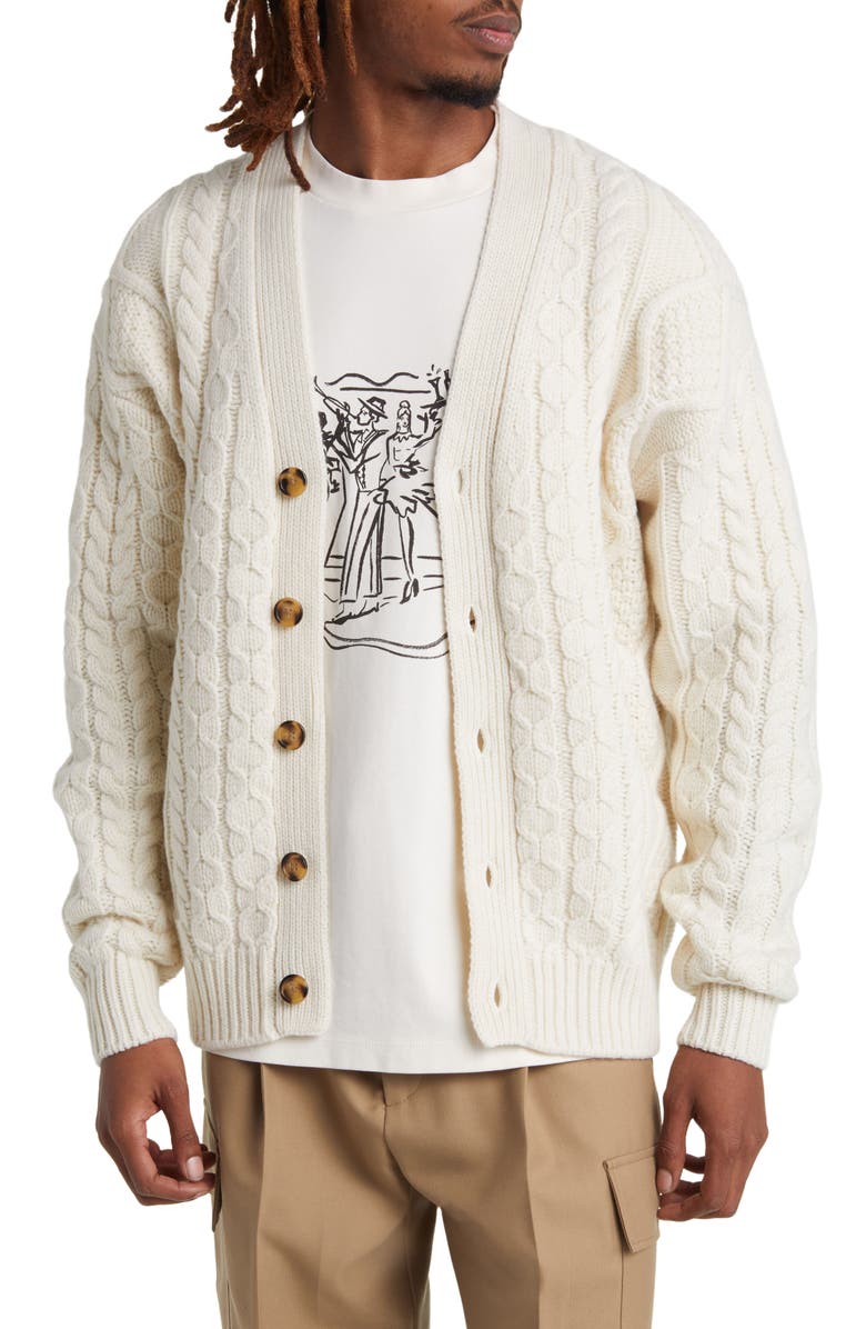 Drôle de Monsieur Cable Stitch Wool V-Neck Sweater, Main, color,