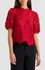 NVLT Sequined Lace Top with Puffed Sleeves