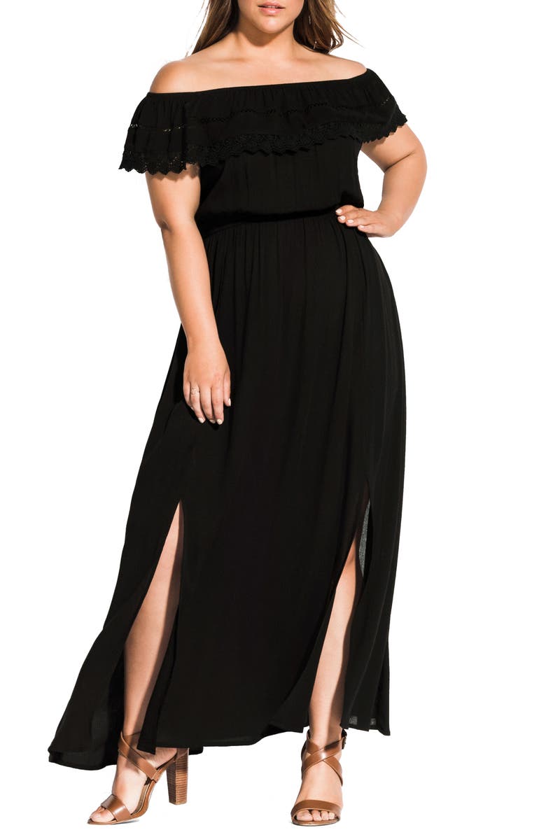 City Chic Tropicana Off the Shoulder Maxi Dress, Main, color,