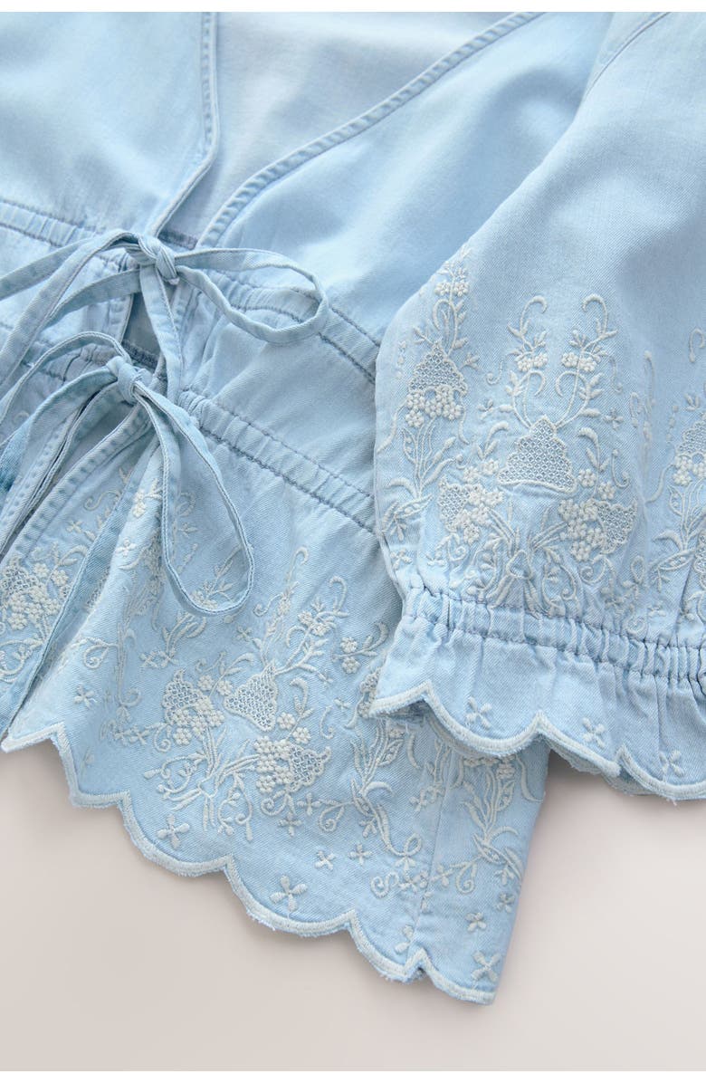 NEXT Embroidered Puff Sleeve Tie Front Denim Top, Alternate, color, Blue