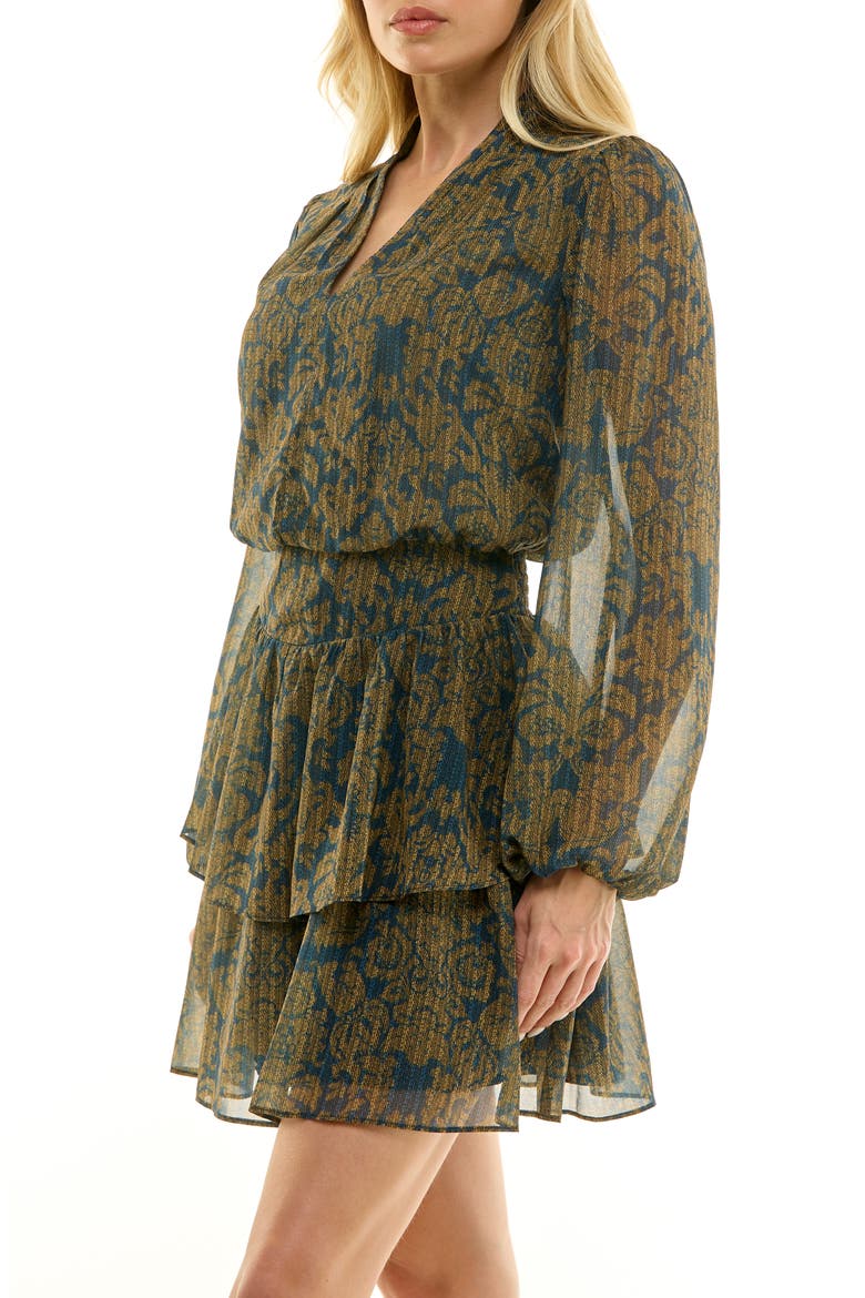 Printed Long Sleeve Chiffon Minidress, Alternate, color, TEAL/ GOLD