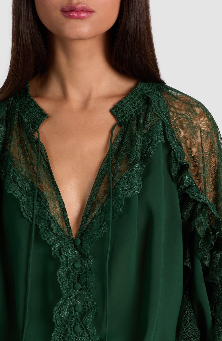 Alice + Olivia Aleena Lace Detail Long Sleeve Button-Up Shirt, Alternate, color, Green Mystique