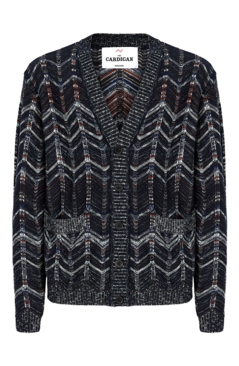 Missoni Cotton Chevron Cardigan With Ribbed Trims, Alternate, color, Blue