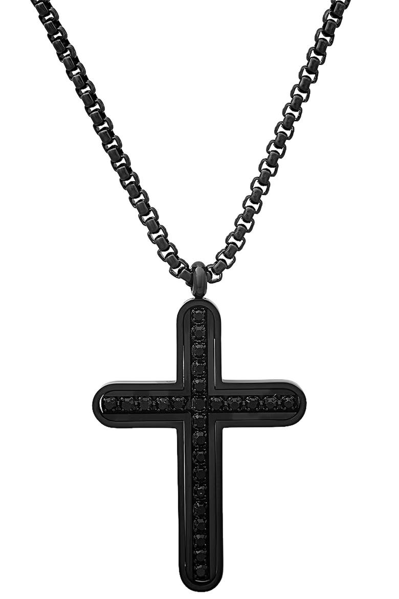 Men's Black Stainless Steel Cubic Zirconia Cross Pendant Necklace, Alternate, color, BLACK