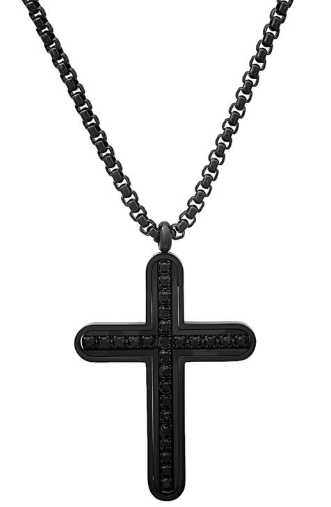 Men's Black Stainless Steel Cubic Zirconia Cross Pendant Necklace